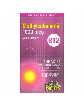 Natural Factors, B12, метилкобаламин, 1000 мкг, 180 жевательных таблеток